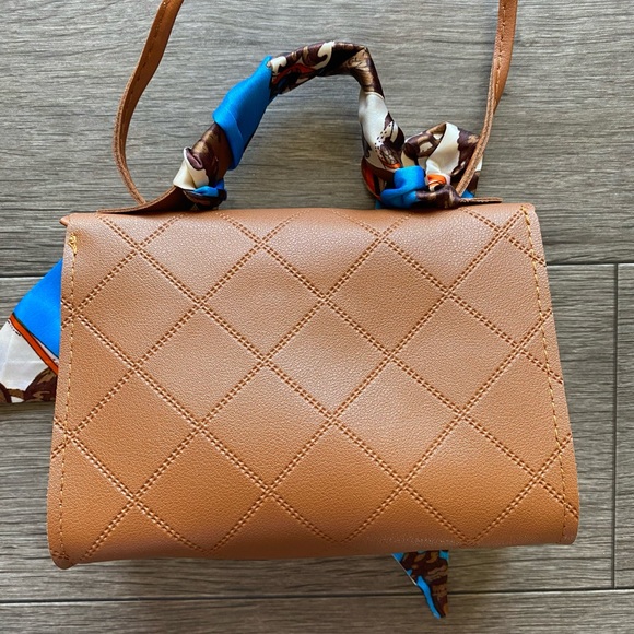 Mini Quilted Embossed Scarf Decor Satchel Bag Brown - Picture 6 of 10